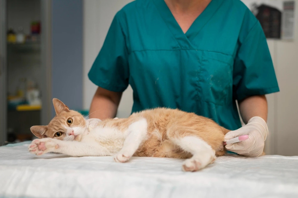 Gato sendo examinado por enfermeira veterinária na internação 24h do Hospital Veterinário Atienza