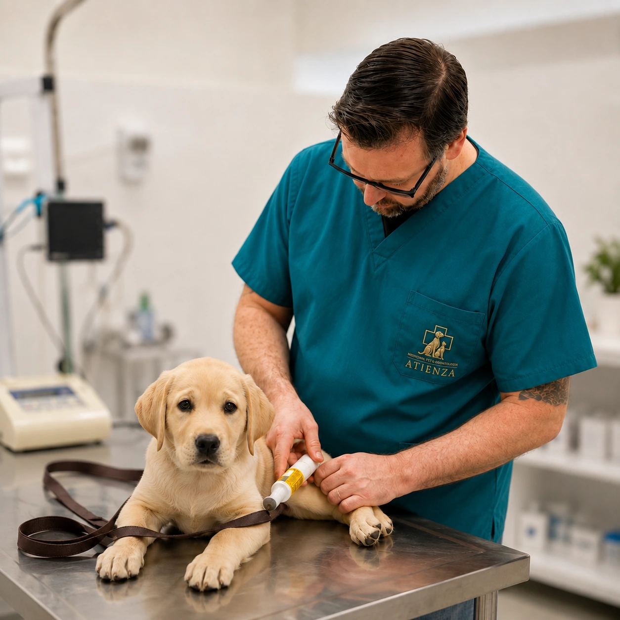 Celso Atienza Júnior, médico veterinário, atendendo um filhote no Hospital Veterinário Atienza