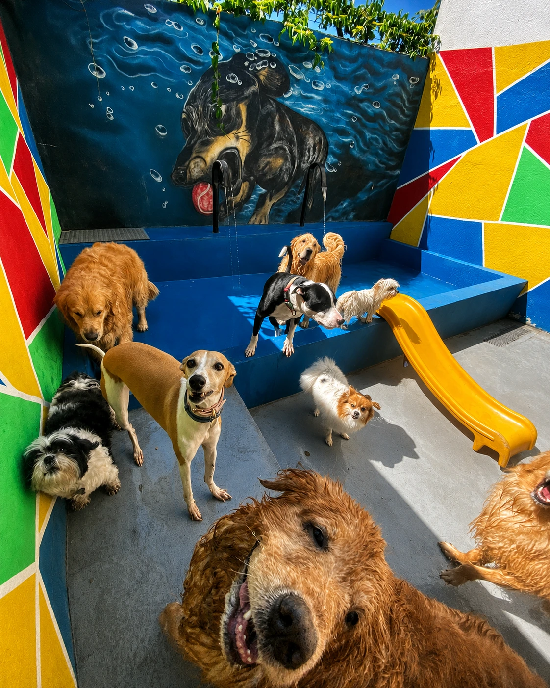 Cães brincando na área externa colorida da creche canina do Hospital Veterinário Atienza na Mooca