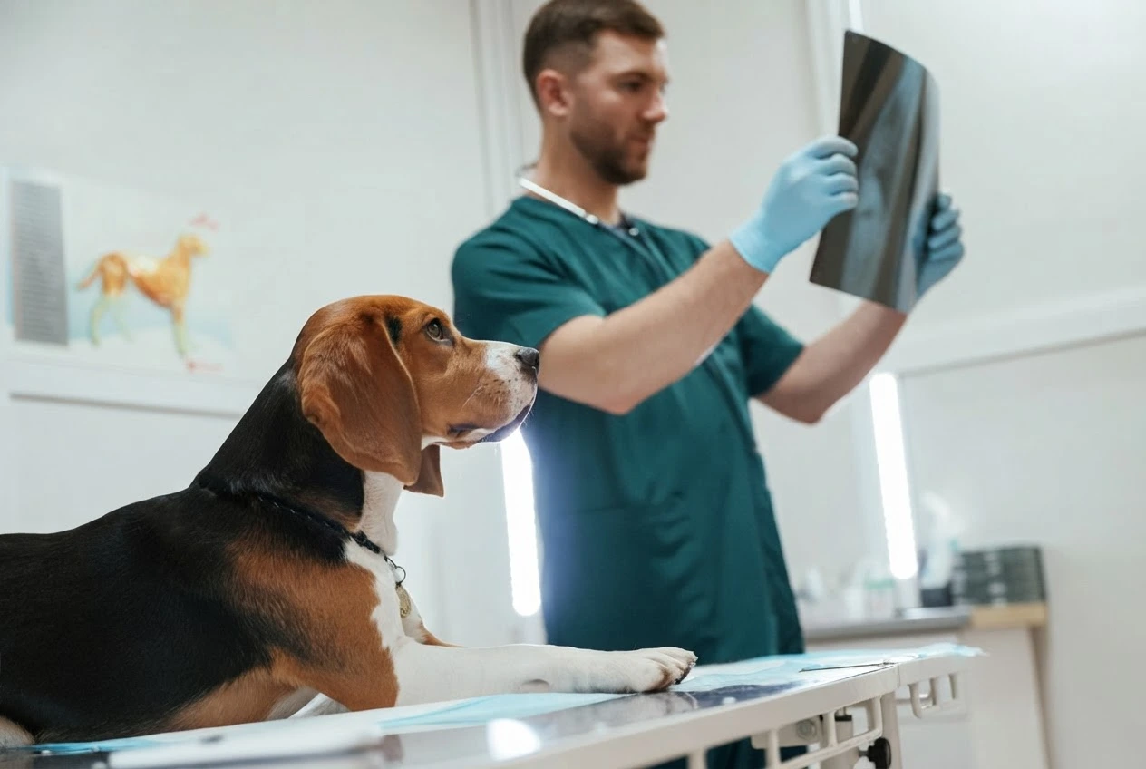 Veterinário do Hospital Veterinário Atienza avaliando radiografia de um cão beagle na sala de exames de imagem