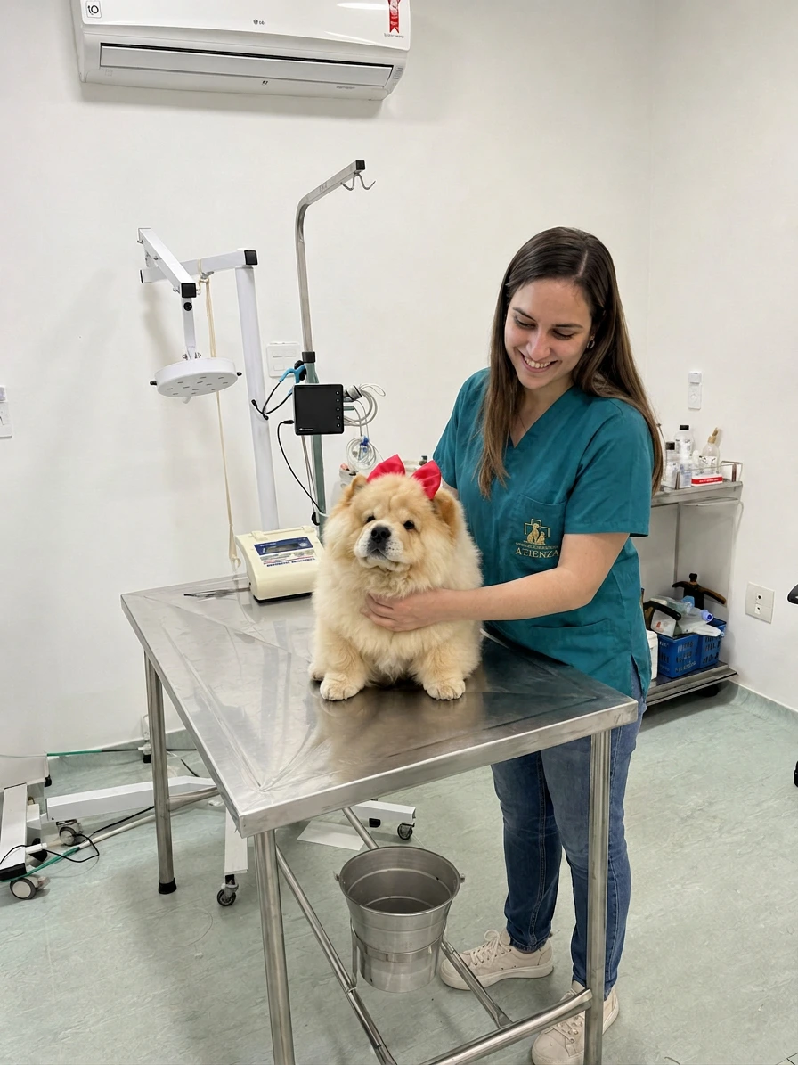 Veterinária do Hospital Veterinário Atienza atendendo um cão em consultório na Mooca
