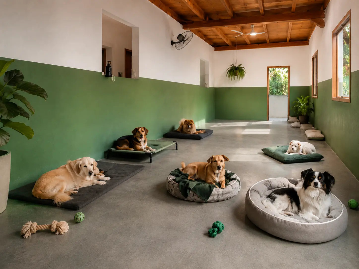 Cães descansando na área de repouso da creche canina Hospital Veterinário Atienza na Mooca