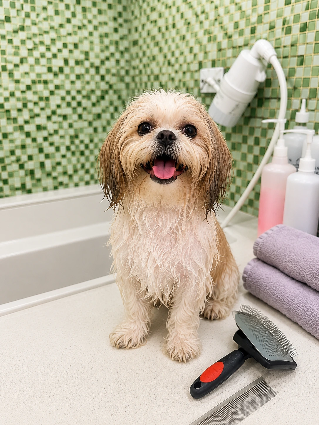 Banho e tosa na Mooca: cão shih tzu recém-banhado no espaço de estética animal do Hospital Veterinário Atienza