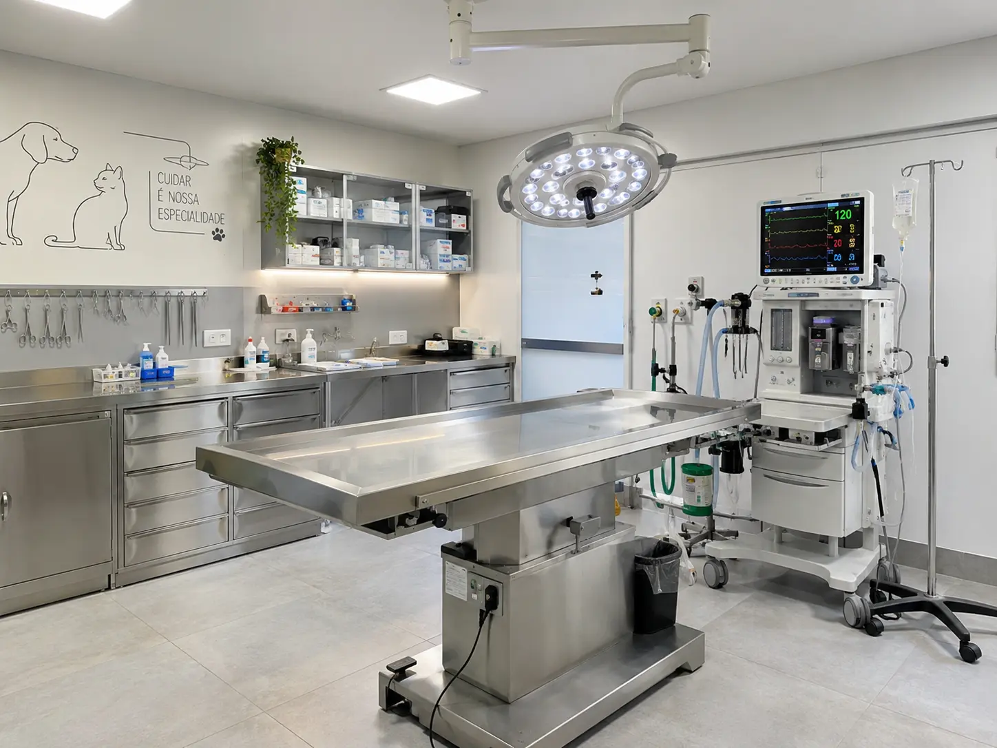 Centro cirúrgico do hospital veterinário Hospital Veterinário Atienza na Mooca, com mesa cirúrgica e equipamentos de monitoramento