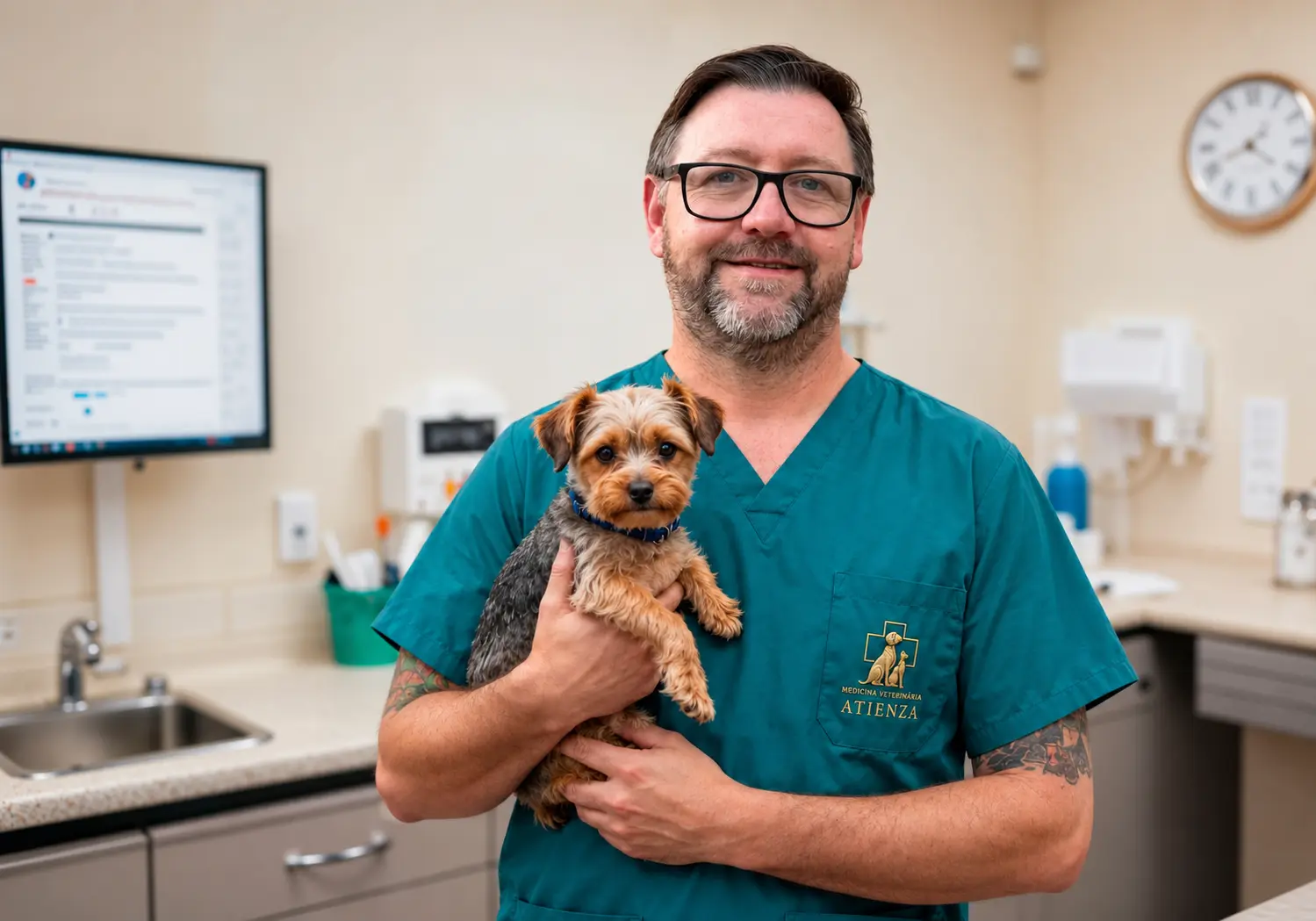 Médico veterinário do Hospital Veterinário Atienza com cão no colo, na Mooca
