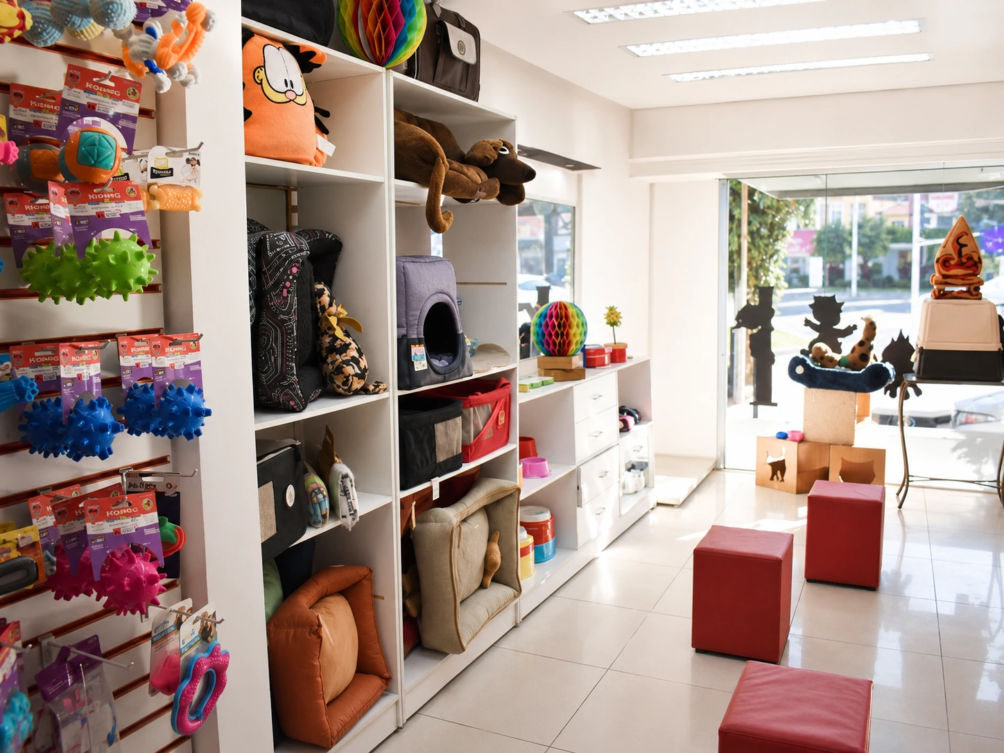 Interior do petshop e farmácia veterinária do Hospital Veterinário Atienza na Mooca com prateleiras de brinquedos e acessórios