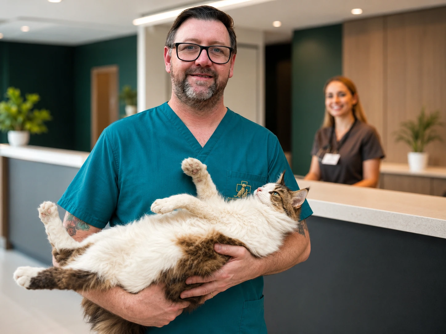 Médico veterinário do Hospital Veterinário Atienza segurando um gato no colo na recepção da unidade 24h na Mooca, São Paulo