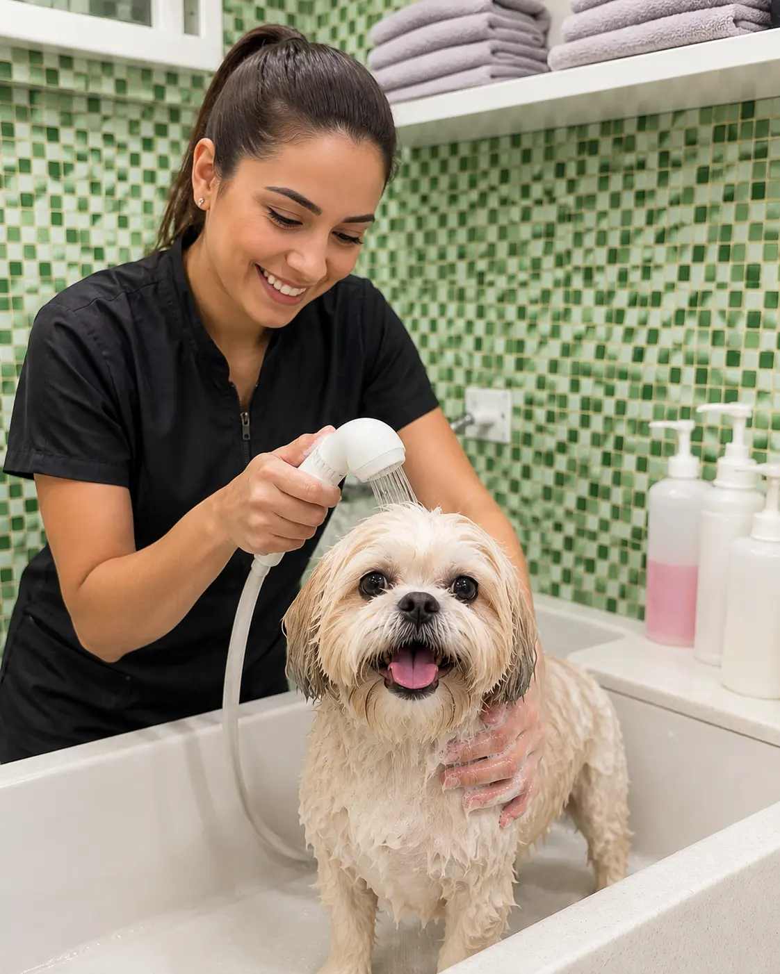 Banho e tosa na Mooca: cão sendo higienizado por profissional do Hospital Veterinário Atienza